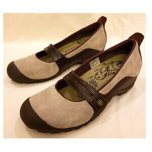 Merrell Comfort Wedge Shoes Sz-9.5 Dark Taupe/Brown Trim Leather/Suede
